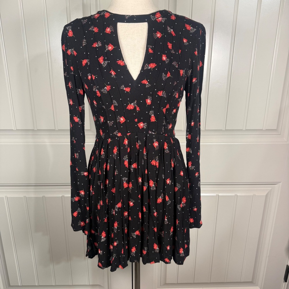 Free People Floral Polka Dot Mini Dress Womens 4 Black Rayon Boho Cutout Pintuck